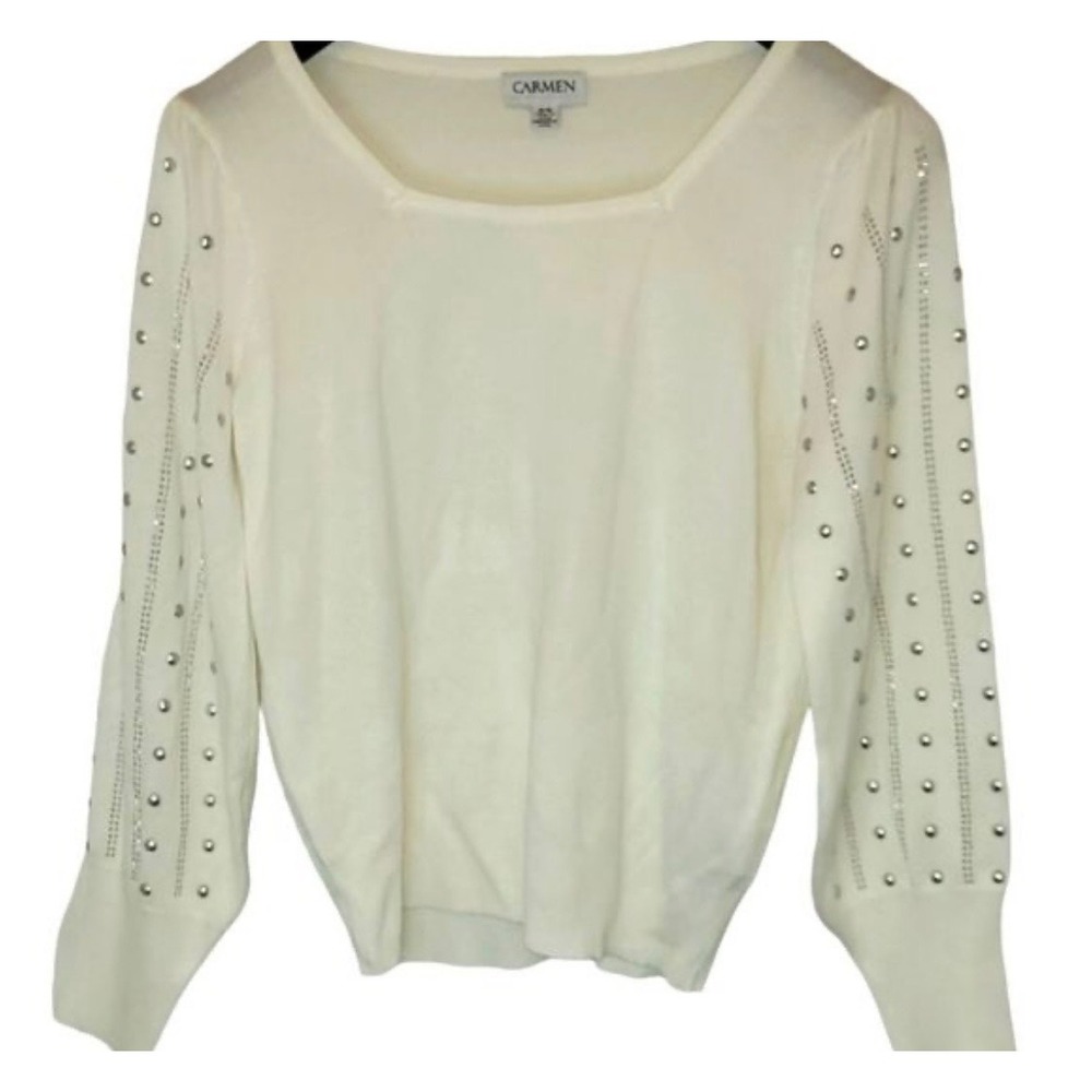 Carmen Marc Valvo Cream Embellished Sleeve Sweater Ivory Medium Studded Knit M